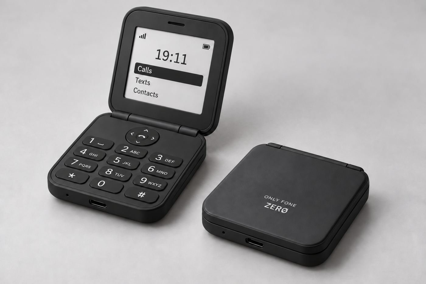 Concept render of the ZERØ phone, one open showing the keypad and screen, one closed showing the ONLY FONE ZERØ wordmark